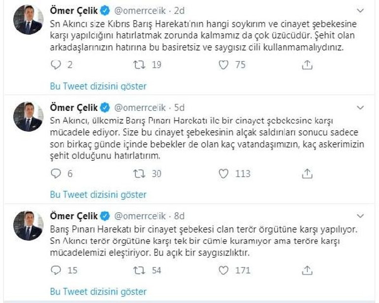 AK Partili Ömer Çelik: Akıncının açıklamalarını kınıyoruz