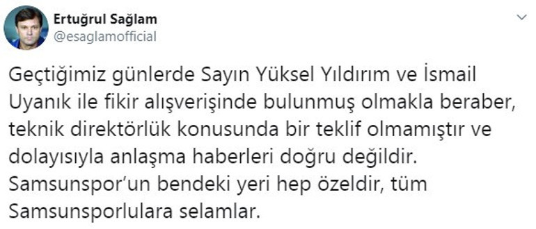 Ertuğrul Sağlamdan son dakika Samsunspor açıklaması