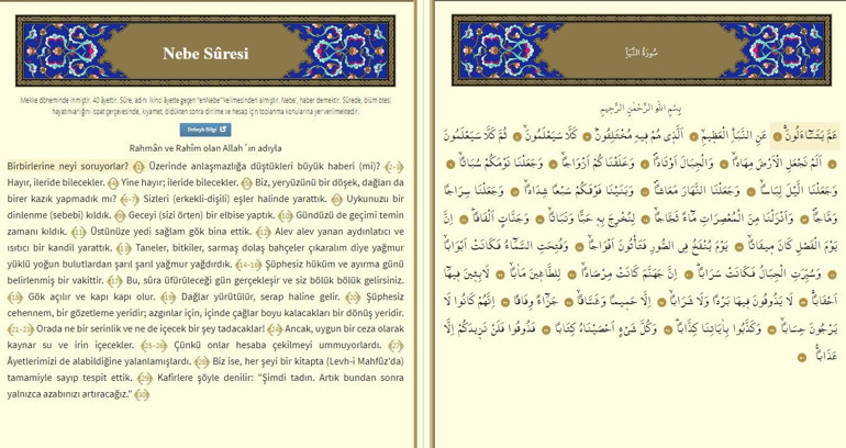 Nebe Suresi Oku - Amme Suresi Anlamı, Tefsiri, Türkçe ve Arapça Okunuşu (Diyanet Meali)