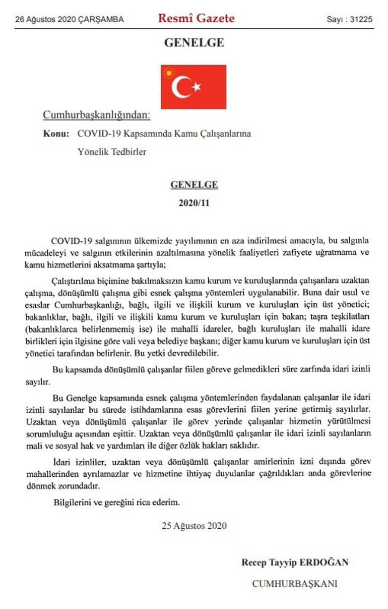 Son dakika haberi: Cumhurbaşkanlığı Genelgesi yayımlandı Kamuda esnek çalışma devam edecek