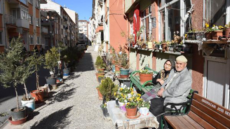 Felç geçiren eşi için sokağı çiçek bahçesine çevirdi