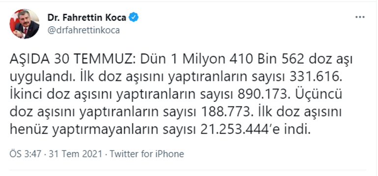 Son dakika: Sağlık Bakanı Fahrettin Kocadan aşı açıklaması