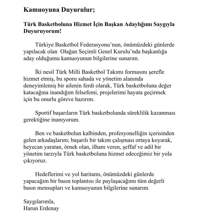 Harun Erdenay, TBF başkanlığına aday oldu