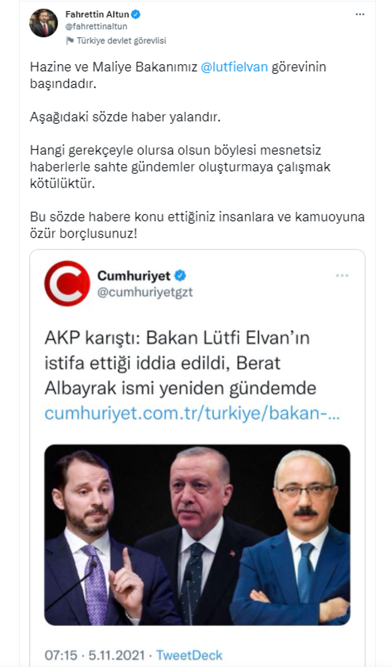 Son dakika: Altundan o iddiaya yalanlama: Hazine ve Maliye Bakanımız Lütfi Elvan görevinin başındadır