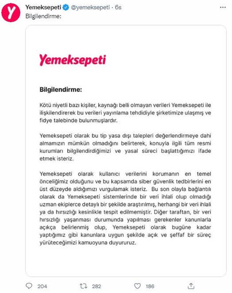 Yemeksepeti hacklendi mi Yemeksepeti Twitterdan açıklama yaptı: Verileri yayınlama tehdidiyle fidye talebinde bulundular