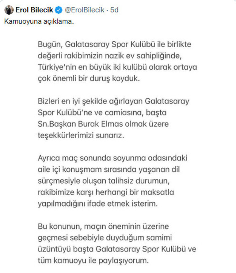 Fenerbahçe Kulübü Başkan Vekili Erol Bilecikten Galatasaraylıları kızdıran sözler Cincona 6 Kasımda 6 tane atmıştık...