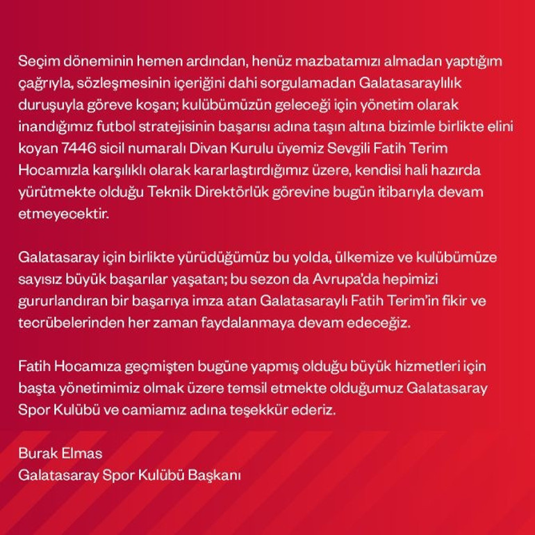 Son dakika haberi: Galatasarayda Fatih Terim görevinden alındı Burak Elmasla gerçekleşen görüşmenin detayları