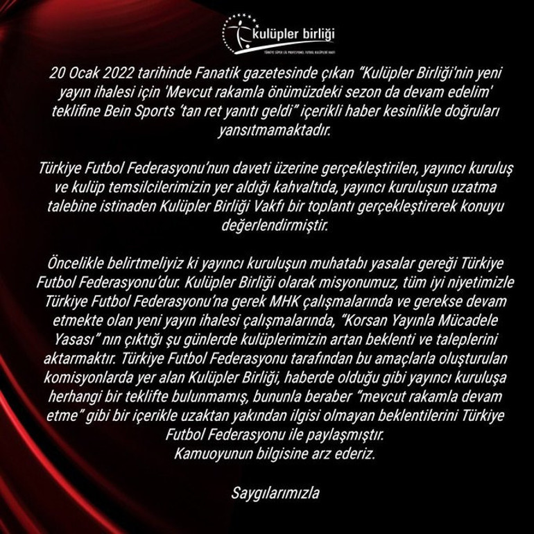 Son Dakika: Kulüpler Birliğinden yayıncı kuruluş açıklaması