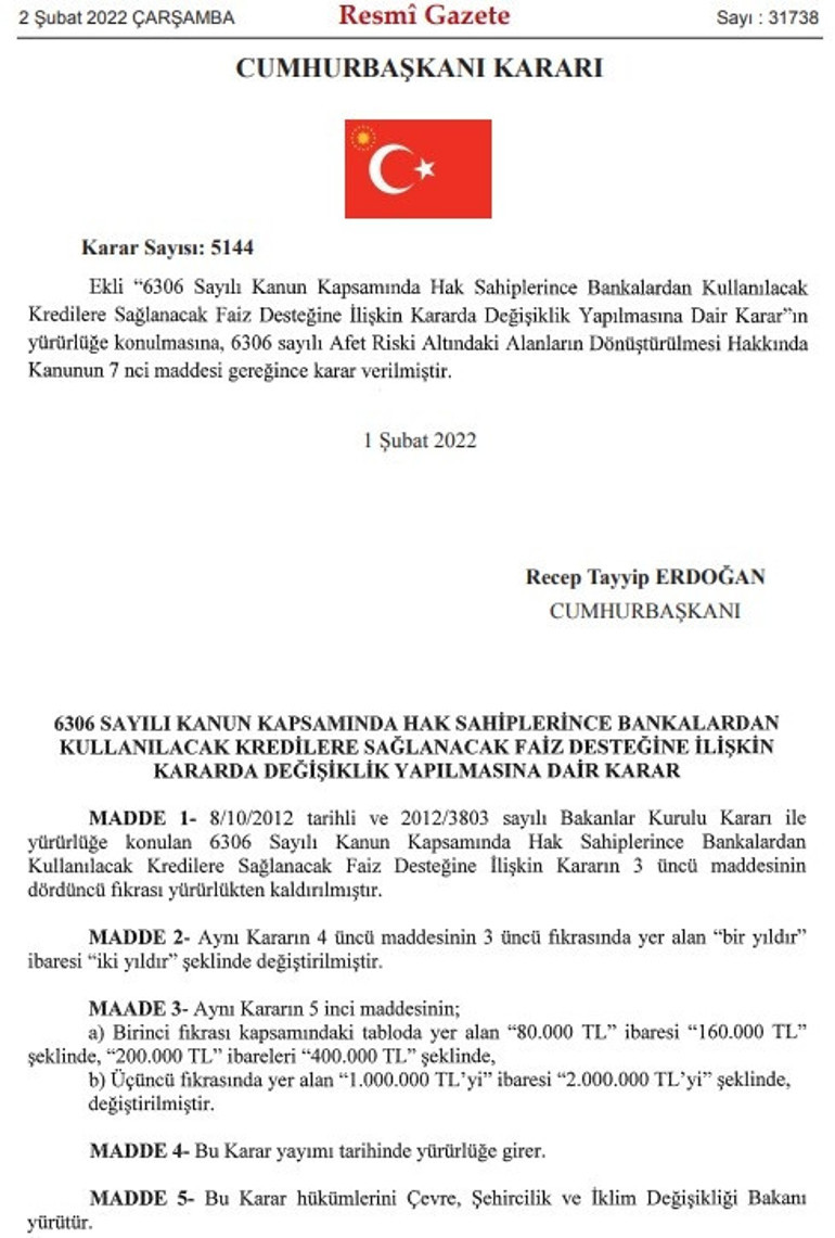 Kentsel dönüşüm kredisinde önemli gelişme Karar Resmi Gazetede