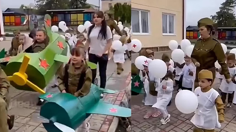 Beklenen gün geldi, Rusyadan ilginç görüntüler...Rus çocuklar askeri üniformalarla karton tanklara bindi