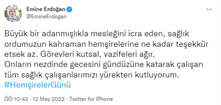 Emine Erdoğandan Hemşireler Günü mesajı