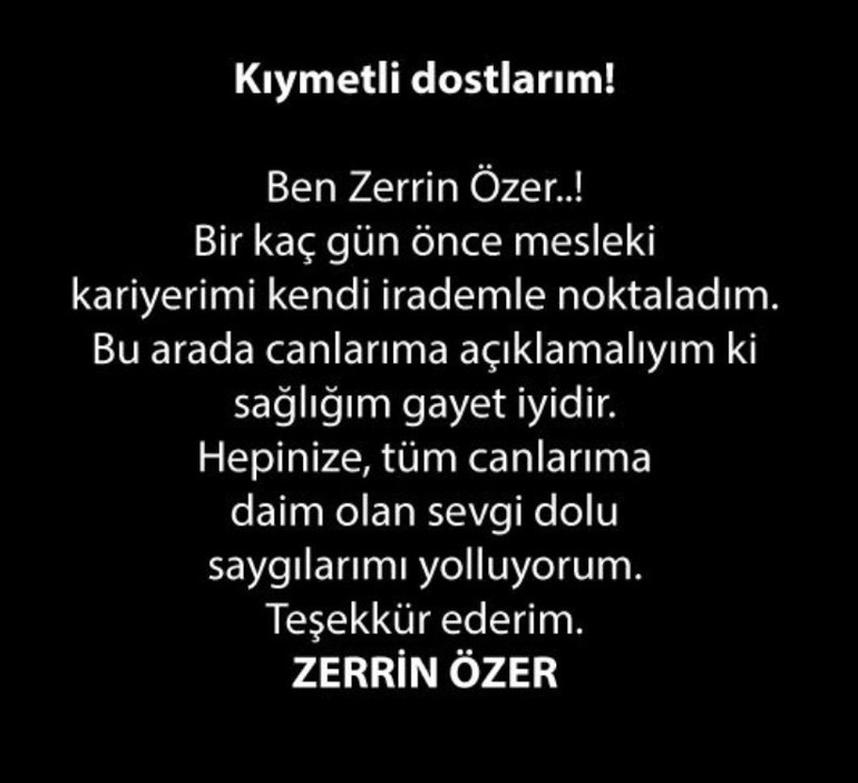 Zerrin Özerden hayranlarını üzen haber: Mesleki kariyerimi kendi irademle noktaladım