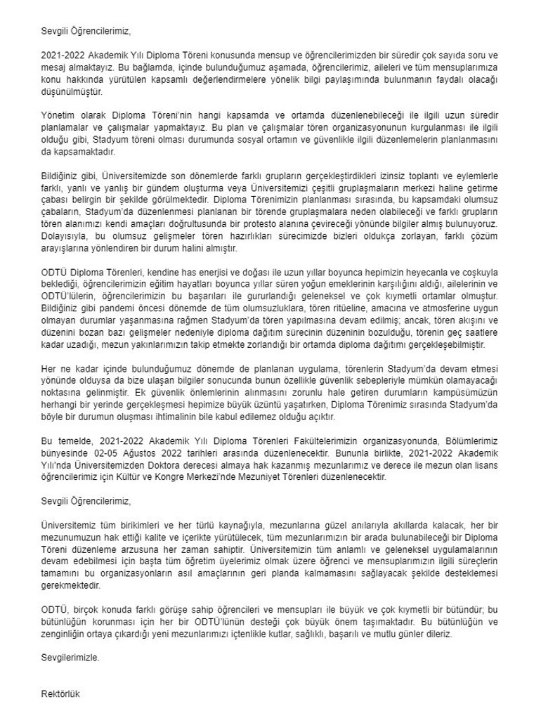 ODTÜ Rektörlüğü, mezuniyet törenlerinin iptal edildiğini açıkladı