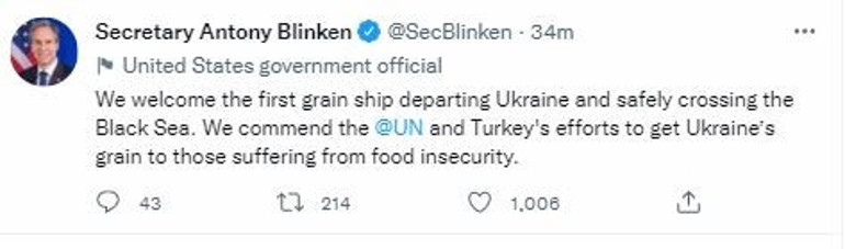 ABDden Türkiyeye ’tahıl’ teşekkürü
