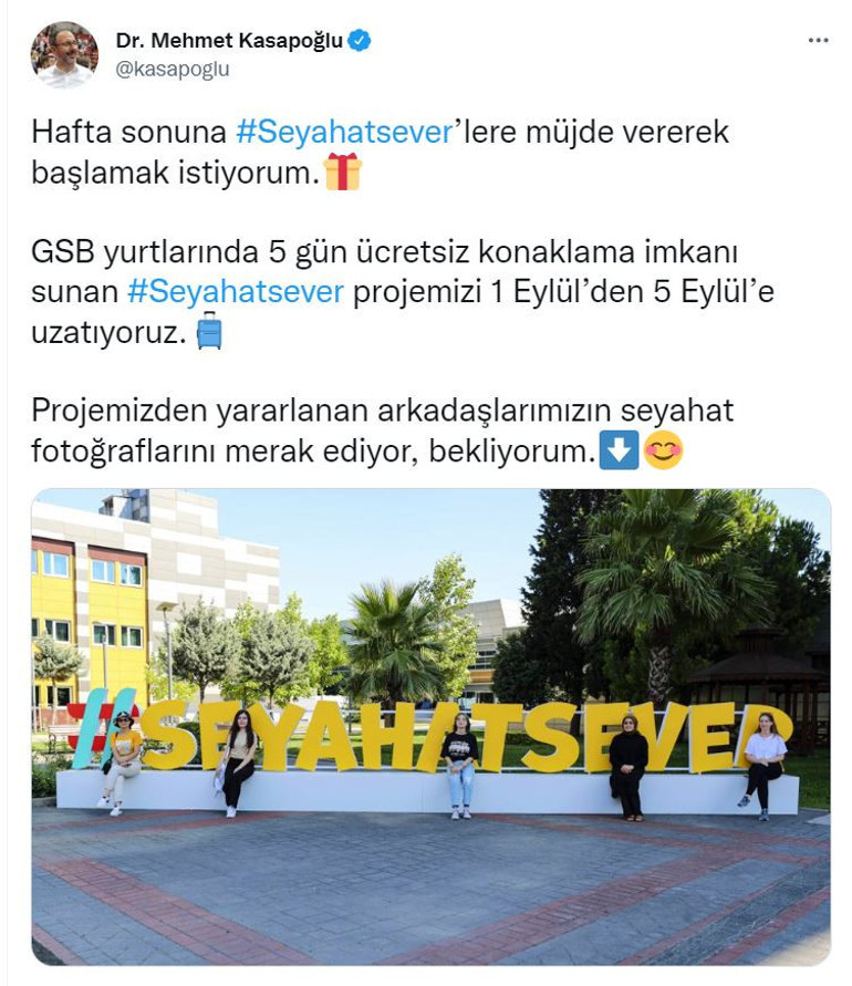 Bakan Kasapoğlundan gençlere Seyahatsever müjdesi