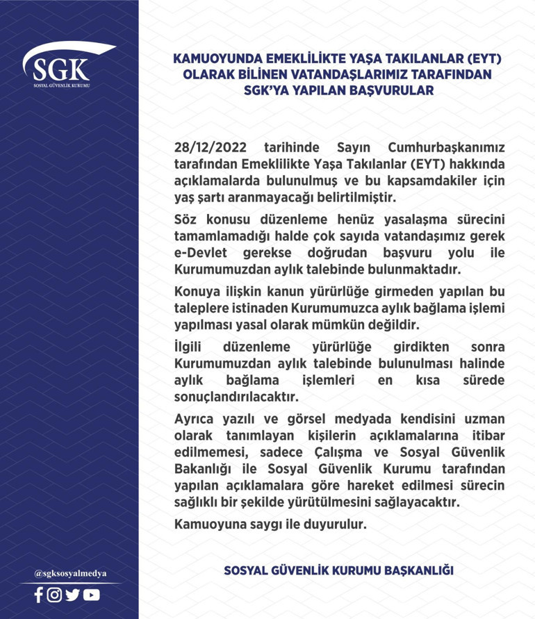 SGKdan önemli EYT açıklaması: Aylık bağlama işlemi mümkün değil