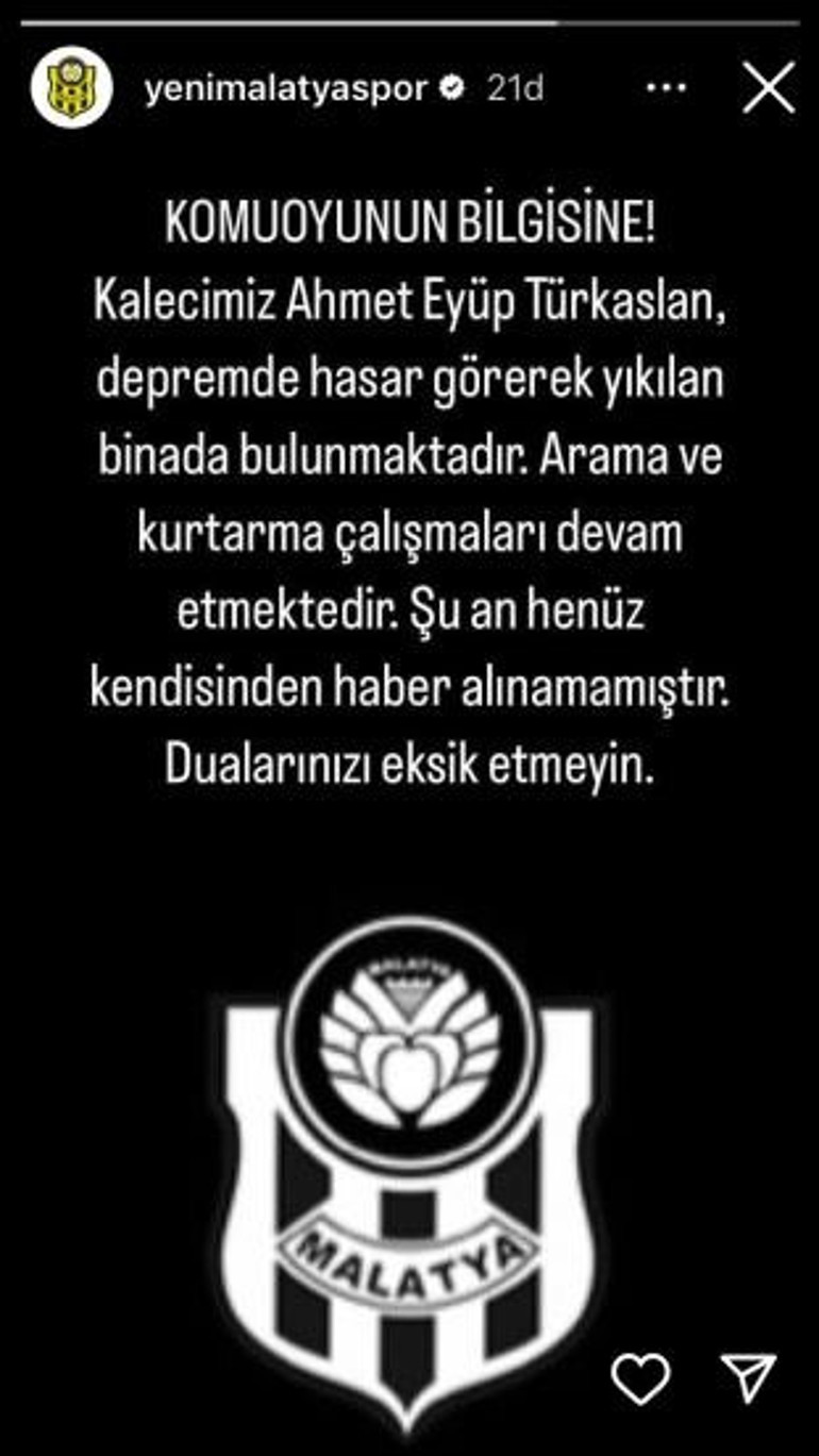 Spor dünyasında endişeli bekleyiş Ahmet Eyüp Türkaslan enkaz altında... Yeni Malatyaspordan ilk açıklama