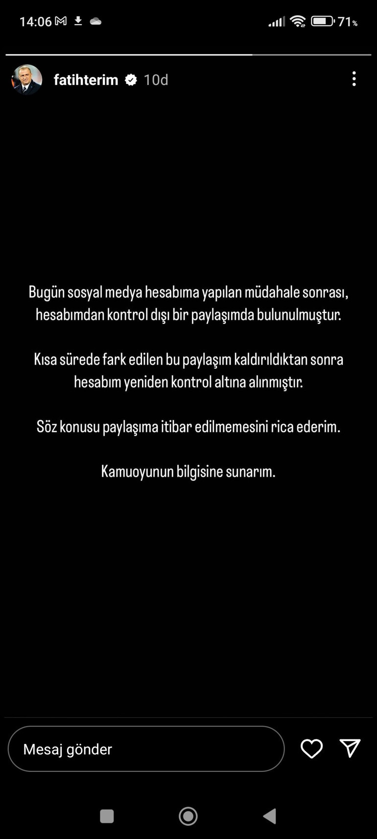 Fatih Terimin hesabı hacklendi, yapılan Ali Koç paylaşımı silindi