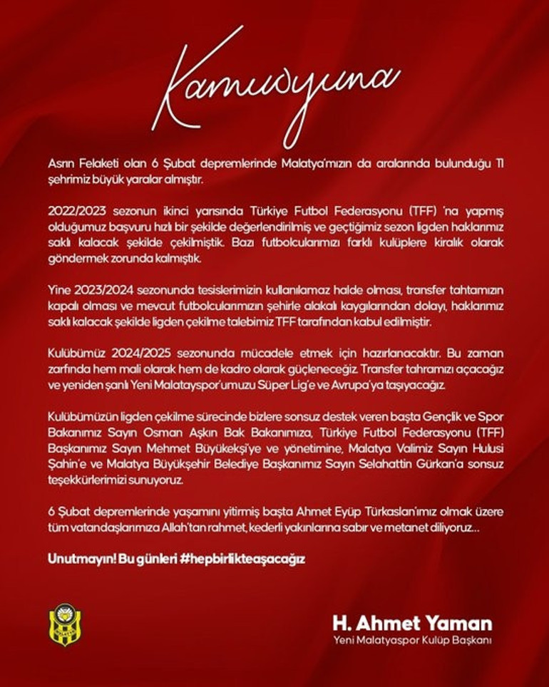 Son Dakika: Yeni Malatyaspor resmen ligden çekildi