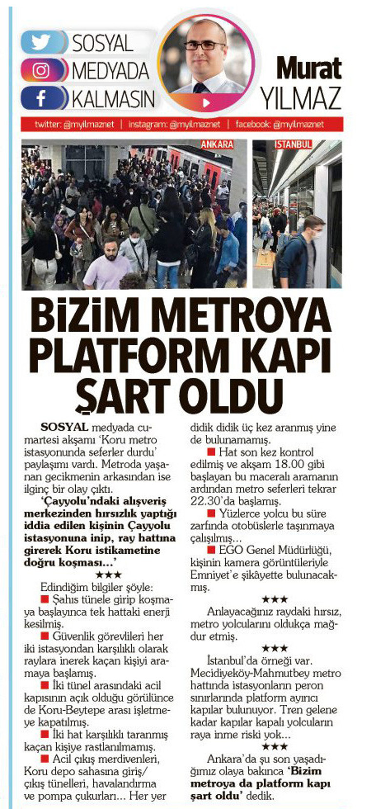 Kızılay istasyonuna peron ayırıcı kapı