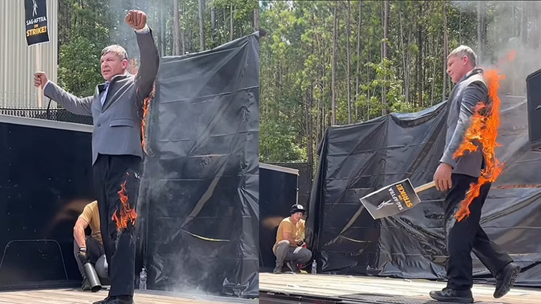 Herkes korkuyla izledi… Yıldız oyuncuya ikizi kadar benzeyen adam bir anda kendini yaktı