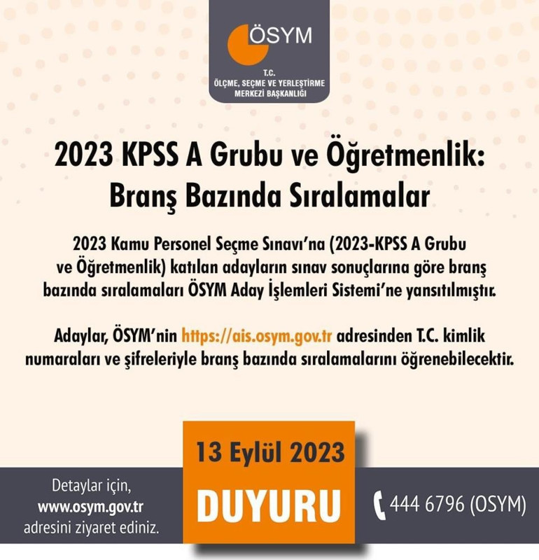 2023 KPSS A Grubu ve Öğretmenlik grubunda branş bazında sıralamalar açıklandı... İşte sonuç sorgulama ekranı
