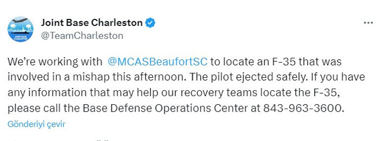 Pilot atlayıp kurtuldu, uçak nerede bilinmiyor...ABD kayıp F-35inin peşinde