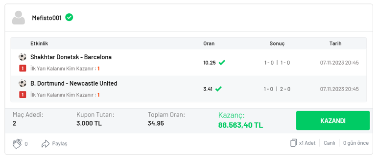 2 maçlık canlı iddaa kuponu yaptı, Şampiyonlar Ligi maçlarıyla 88 bin 536 TL kazandı