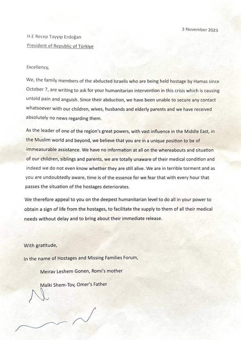 İsrailliler Erdoğana mektup yazdı... Rehine ailelerinin yardım mektubuna CNN Türk ulaştı