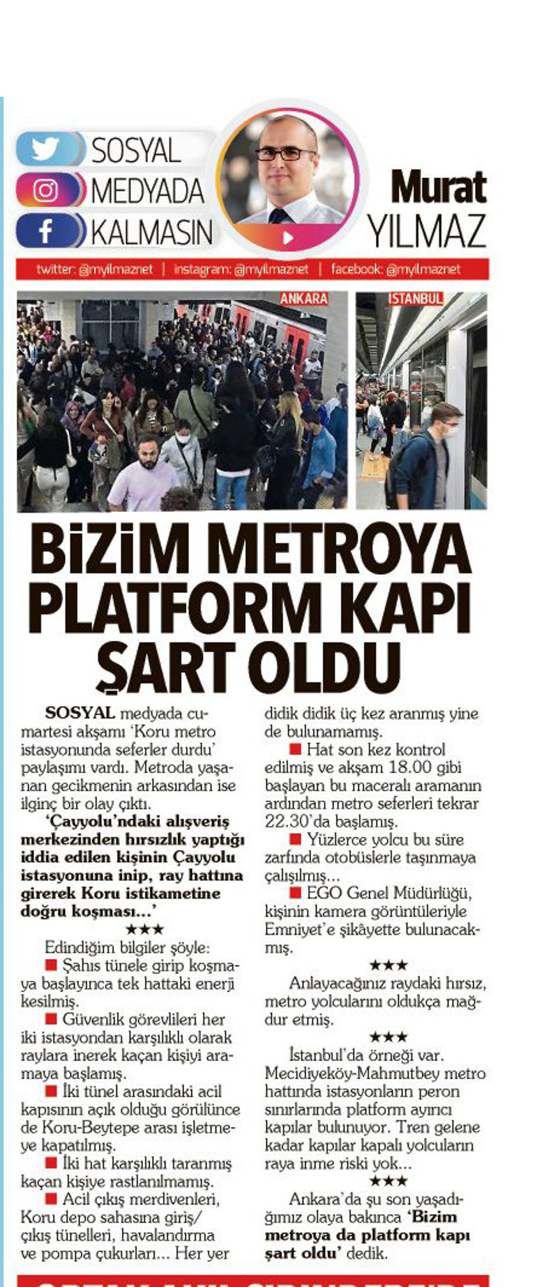Ankara metrosu için bir kez daha ‘peron ayırıcı kapı sistemi’ çağrısı