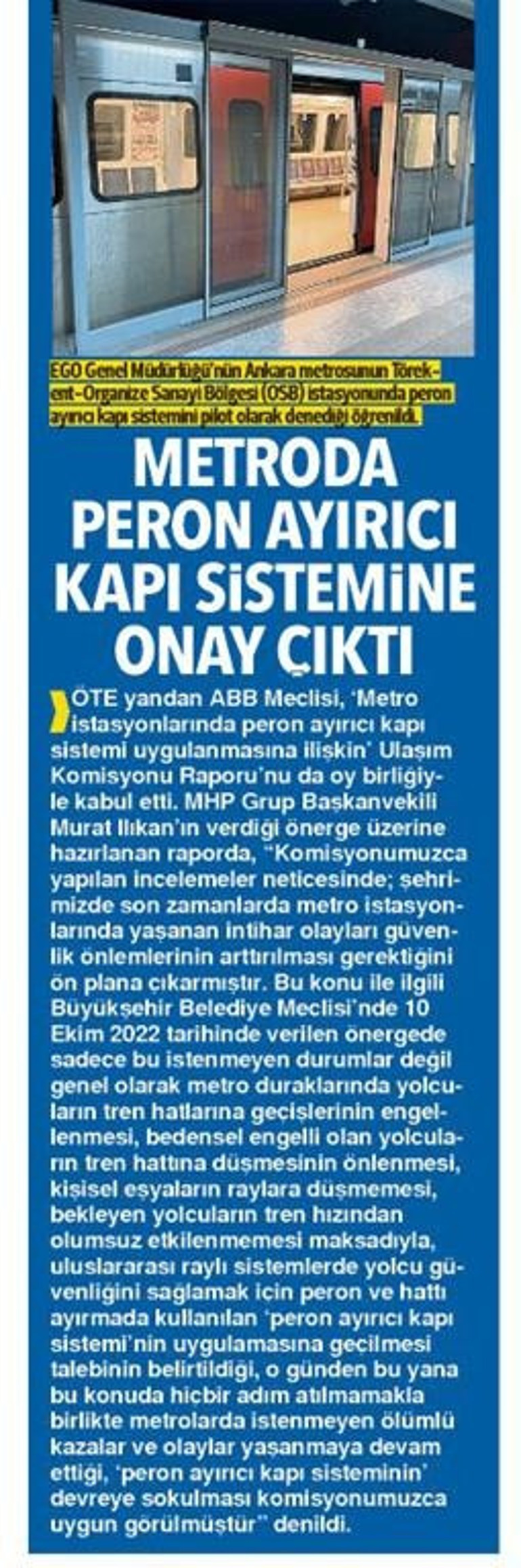 Ankara metrosu için bir kez daha ‘peron ayırıcı kapı sistemi’ çağrısı