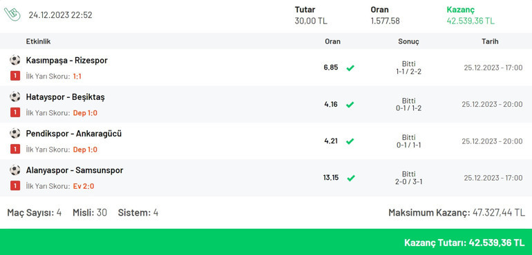 Rizespor 45+2de gol attı, 4 maçlık iddaa kuponu ile 42 bin 539 TL kazandı