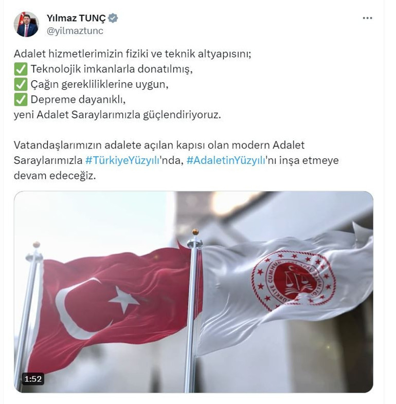 Adalet Bakanı Yılmaz Tunç: Adalet hizmetlerimizin fiziki ve teknik altyapısını güçlendiriyoruz