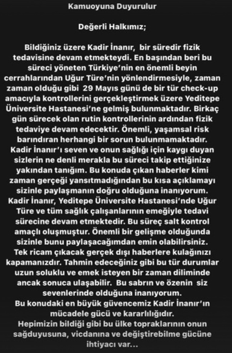 Kadir İnanırın sağlık durumuyla ilgili Levent İnanırdan açıklama