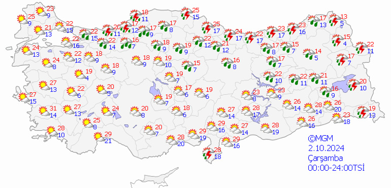 Son Dakika Hava Durumu Tahminleri İl İl (2 Ekim 2024 Çarşamba) | Bugün hava durumu nasıl olacak Yağmur devam edecek mi Meteorolojiden 4 ile sarı kodlu uyarı