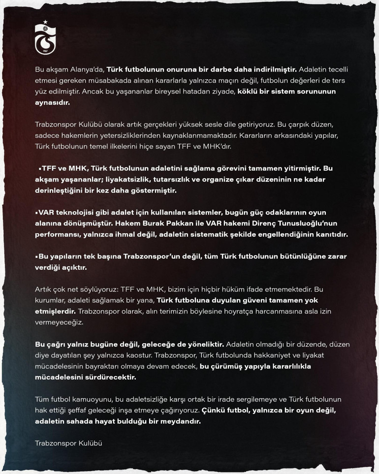 Trabzonspordan çok sert açıklama: TFF ve MHK yok hükmündedir