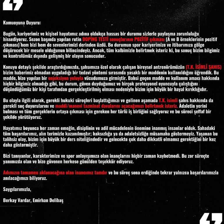Beşiktaşın iki eski futbolcusuna doping cezası Berkay Vardar ve Emirhan Delibaştan ortak açıklama
