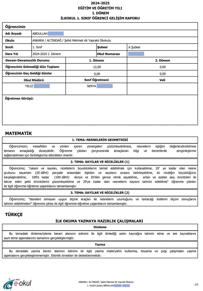 Karne gitti gelişim raporu geldi