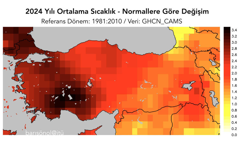 Prof. Dr. Barış Önol, haritayı paylaştı: Dünya ölçüm tarihinin en sıcak yılı 2024 oldu