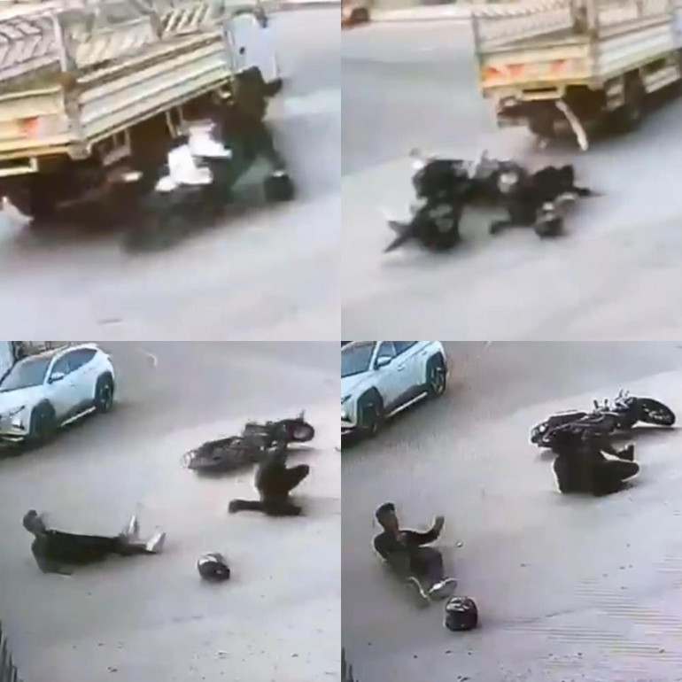 Mersinde motosikletteki 2 kişi, kamyonetin altında kalmaktan saniyelerle kurtuldu