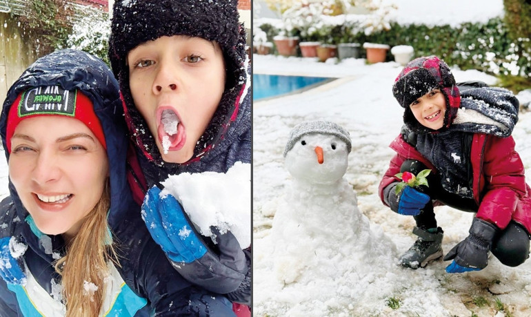 Karın keyfini lüks evlerinde çıkardılar... Aile pozu