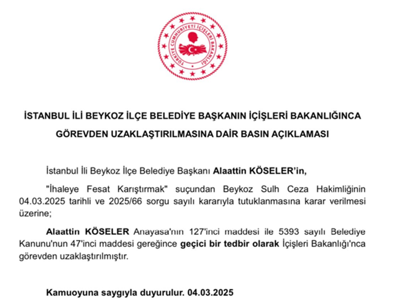 Beykoz Belediye Başkanı Alaattin Köseler görevden uzaklaştırıldı Soruşturmada yeni detaylar