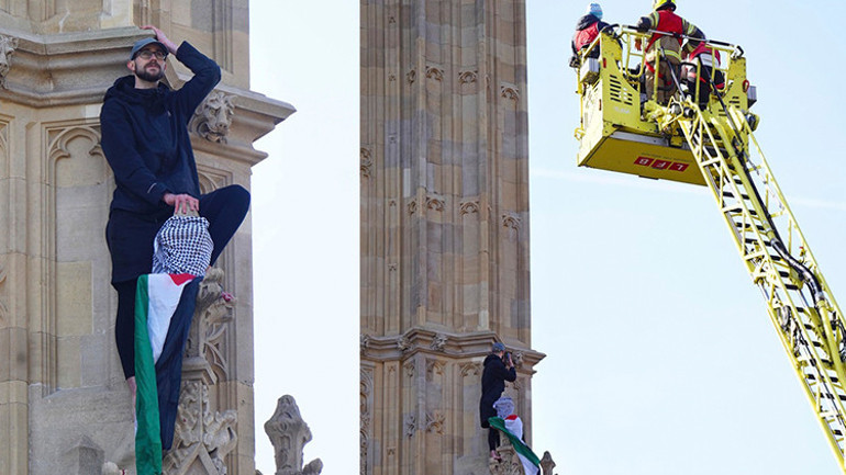 Londrayı felç eden Filistin protestosu Elizabeth Kulesine tırmandı, kimse indiremedi