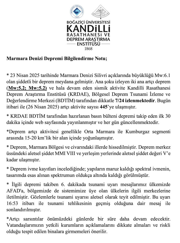 Kandilliden 6,2lik deprem için yeni bilgilendirme notu Artçı sarsıntı uyarısı... 15-20 kilometrelik alan içinde yoğunlaştı