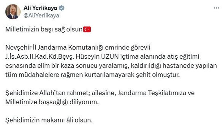 Eğitim faaliyetindeki kazada 1 asker şehit oldu