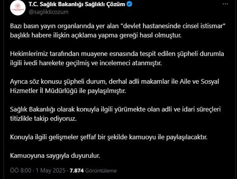 Hastanede cinsel istismar iddiası üzerine inceleme başlatıldı
