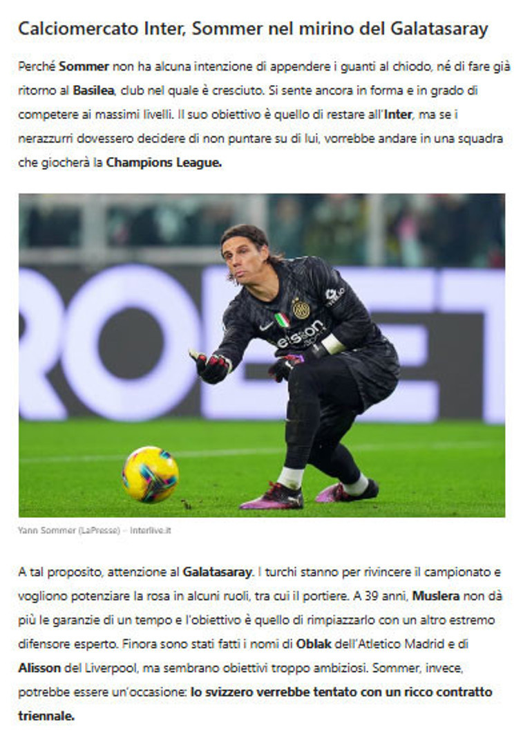 Galatasaray’dan Yann Sommer’e transfer teklifi Şampiyonlar Ligi Finali sonrası gelebilir