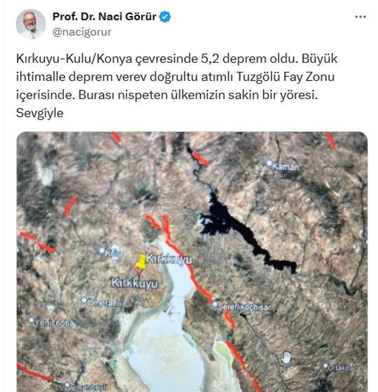 Prof. Dr. Naci Görürden Konya depremi sonrası paylaşım... Büyük ihtimalle diyerek yorumladı