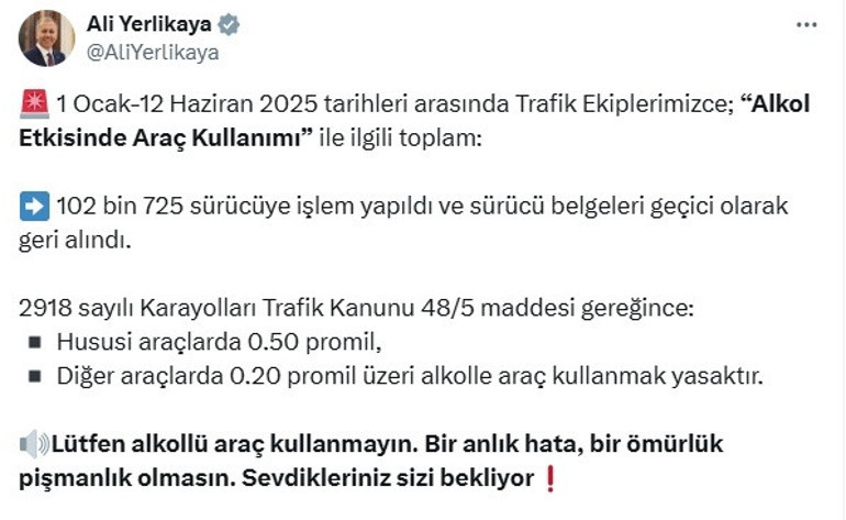 Trafik ekipleri sıkı takipte Bakan Yerlikaya uyardı: 102 bin 725 sürücünün ehliyeti geri alındı