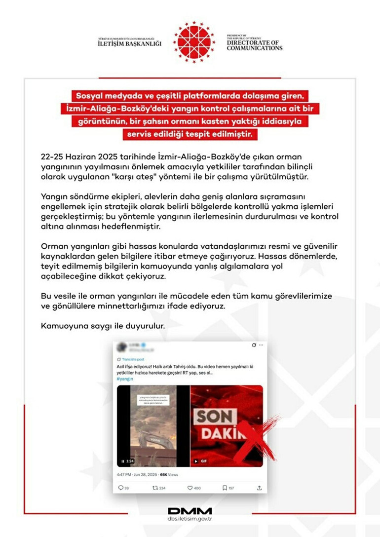 İzmirdeki yangına ilişkin Dezenformasyonla Mücadele Merkezinden açıklama